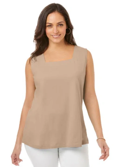 Jessica London Stretch Cotton Square Neck Tank In Neutral