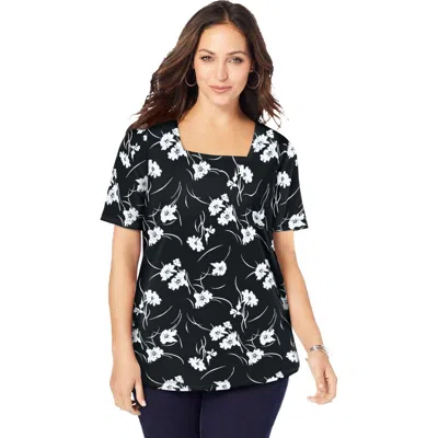 Jessica London Stretch Cotton Square Neck Tee In Black
