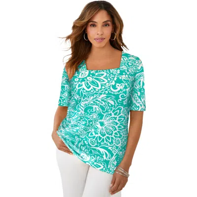 Jessica London Stretch Cotton Square Neck Tee In Blue