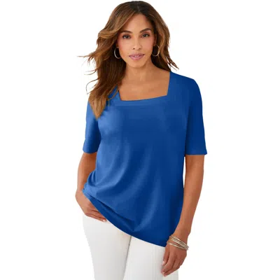 Jessica London Stretch Cotton Square Neck Tee In Blue