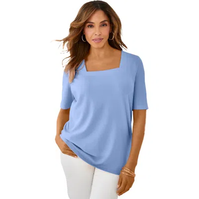 Jessica London Stretch Cotton Square Neck Tee In Blue