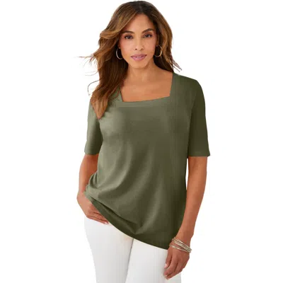 Jessica London Stretch Cotton Square Neck Tee In Green
