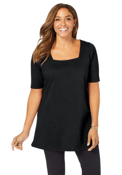 Jessica London Stretch Cotton Square Neck Tunic In Black