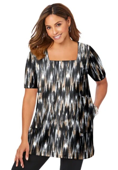 Jessica London Stretch Cotton Square Neck Tunic In Black