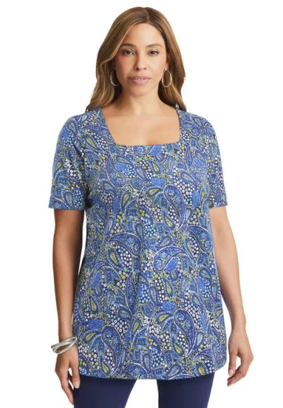 Jessica London Stretch Cotton Square Neck Tunic In Blue