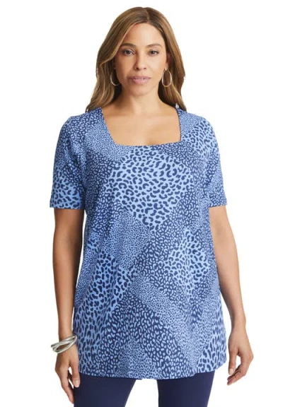 Jessica London Stretch Cotton Square Neck Tunic In Blue