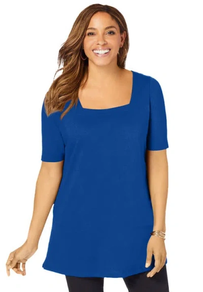Jessica London Stretch Cotton Square Neck Tunic In Blue