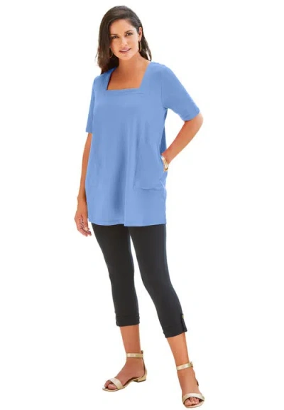 Jessica London Stretch Cotton Square Neck Tunic In Blue