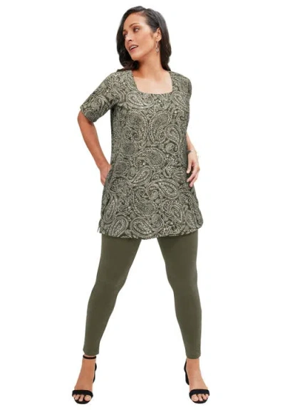 Jessica London Stretch Cotton Square Neck Tunic In Green