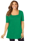 Jessica London Stretch Cotton Square Neck Tunic In Green