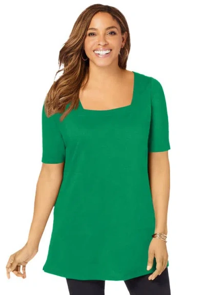 Jessica London Stretch Cotton Square Neck Tunic In Green