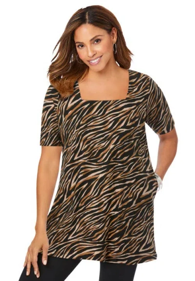 Jessica London Stretch Cotton Square Neck Tunic In Multi
