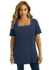 Jessica London Stretch Cotton Studded Square Neck Tunic In Blue