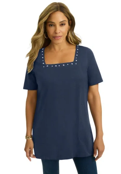 Jessica London Stretch Cotton Studded Square Neck Tunic In Blue