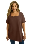 Jessica London Stretch Cotton Studded Square Neck Tunic In Brown