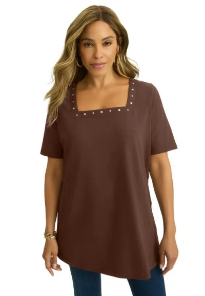 Jessica London Stretch Cotton Studded Square Neck Tunic In Brown