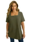 Jessica London Stretch Cotton Studded Square Neck Tunic In Green