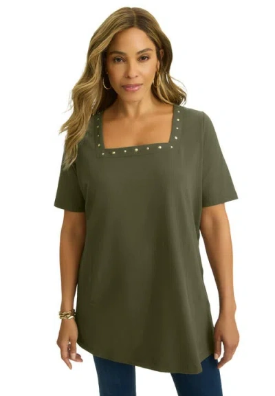 Jessica London Stretch Cotton Studded Square Neck Tunic In Green