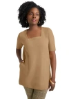 Jessica London Stretch Cotton Studded Square Neck Tunic In Nude