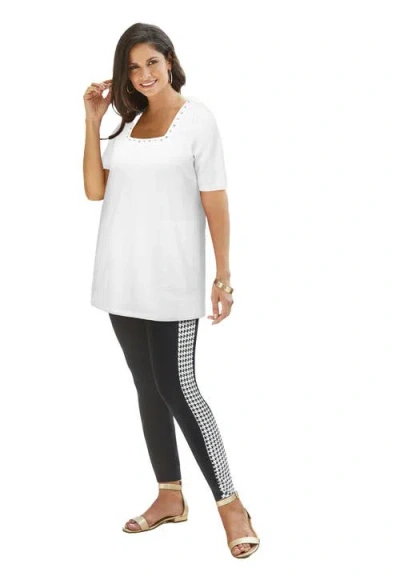Jessica London Stretch Cotton Studded Square Neck Tunic In White