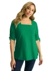 Jessica London Stretch Cotton Tie Sleeve Square Neck Tee In Green