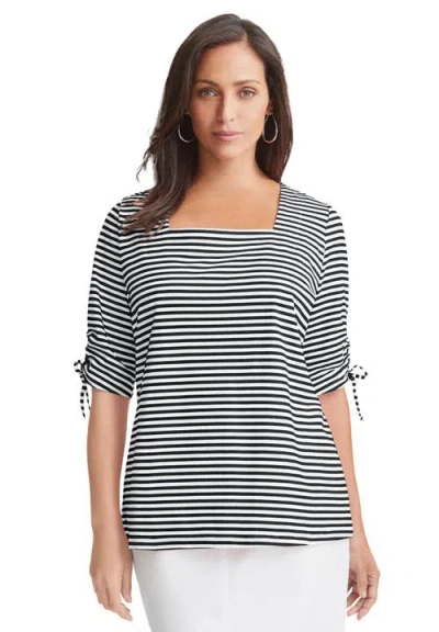 Jessica London Stretch Cotton Tie Sleeve Square Neck Tee In Multi