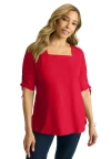 Jessica London Stretch Cotton Tie Sleeve Square Neck Tee In Red