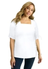 Jessica London Stretch Cotton Tie Sleeve Square Neck Tee In White