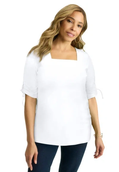 Jessica London Stretch Cotton Tie Sleeve Square Neck Tee In White