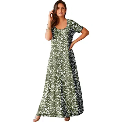 Jessica London Stretch Cotton T-shirt Maxi Dress In Olive Green Cheetah