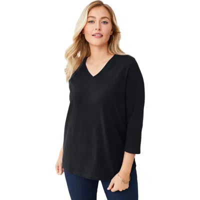 Jessica London Stretch Cotton V-neck Tee In Black