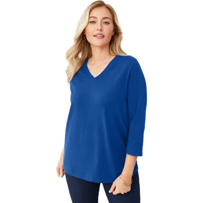 Jessica London Stretch Cotton V-neck Tee In Blue