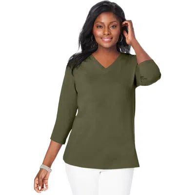 Jessica London Stretch Cotton V-neck Tee In Green