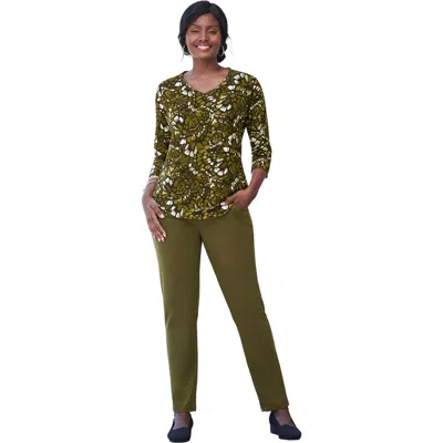 Jessica London Stretch Cotton V-neck Tee In Green