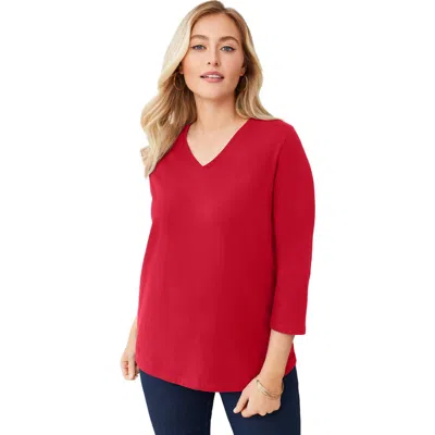 Jessica London Stretch Cotton V-neck Tee In Red