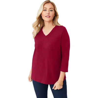 Jessica London Stretch Cotton V-neck Tee In Red