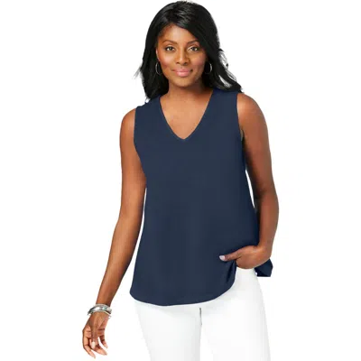 Jessica London Stretch Cotton V-neck Trapeze Tank In Blue