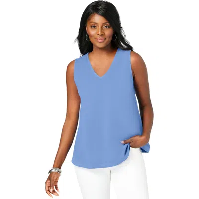 Jessica London Stretch Cotton V-neck Trapeze Tank In Blue