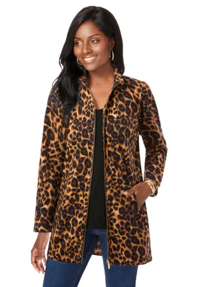 Jessica London Stretch Cotton Zip Front Hi-low Jacket In Animal Print