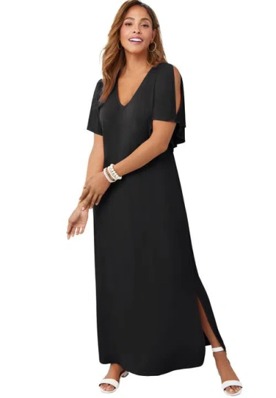 Jessica London Stretch Knit Cold Shoulder Maxi Dress In Black