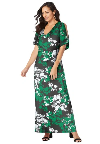 Jessica London Stretch Knit Cold Shoulder Maxi Dress In Green