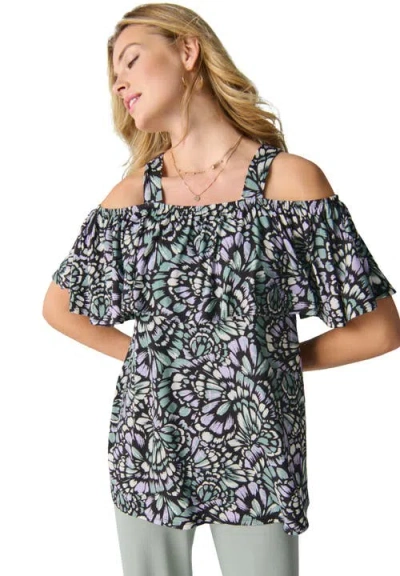 Jessica London Stretch Knit Cold Shoulder Ruffle Tunic In Multi