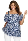 Jessica London Stretch Knit Cold Shoulder Ruffle Tunic In Blue