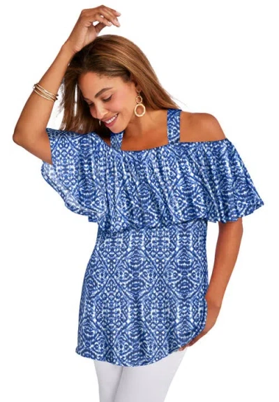 Jessica London Stretch Knit Cold Shoulder Ruffle Tunic In Blue