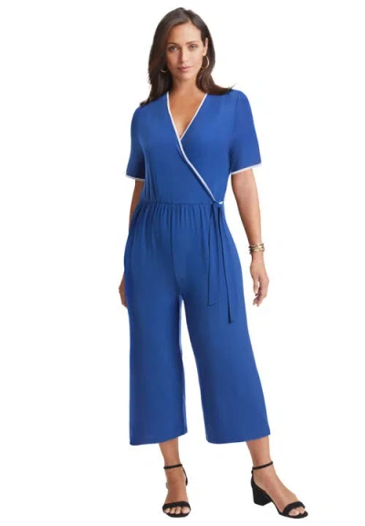 Jessica London Stretch Knit Cropped Wide Leg Jumpsuit In Blue