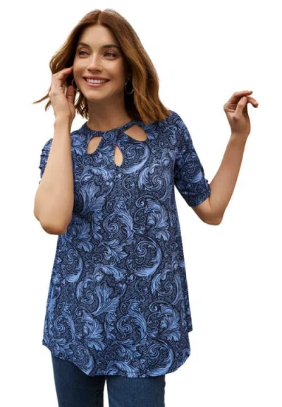 Jessica London Stretch Knit Cutout Swing Tunic In Blue