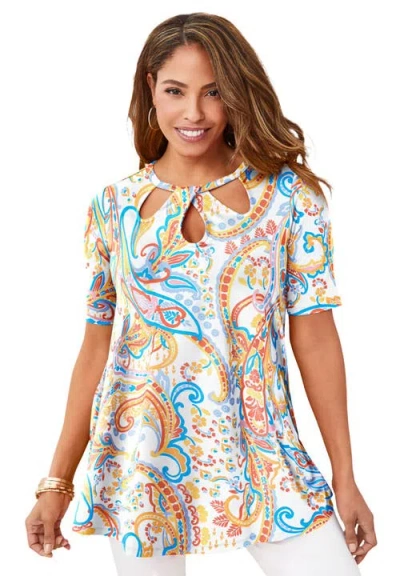 Jessica London Stretch Knit Cutout Swing Tunic In Multi