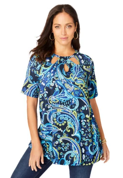 Jessica London Stretch Knit Cutout Swing Tunic In Multi