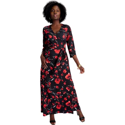 Jessica London Stretch Knit Faux Wrap Maxi Dress In Black