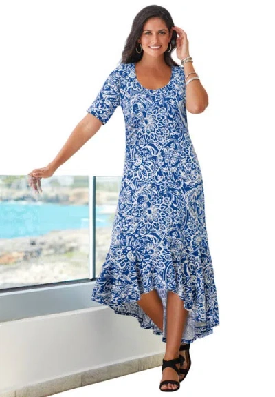 Jessica London Stretch Knit Flounce Hem Maxi Dress In Blue